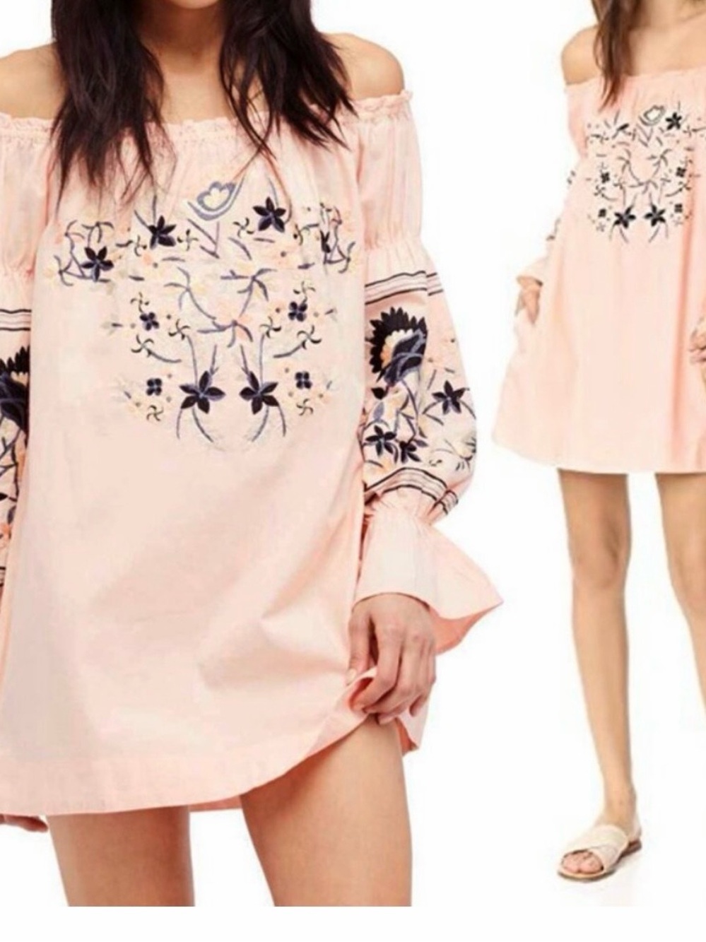 Free People Peach Fleur du Jour Embroidered off Shoulder Midi Dress with pockets